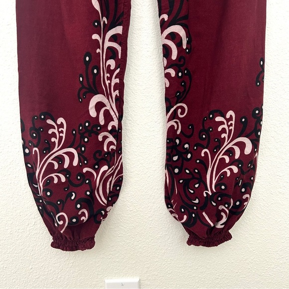 Burgundy Smocked Waist Pants Boho Harem Lounge Pattern Festival Size Small - Picture 3 of 10